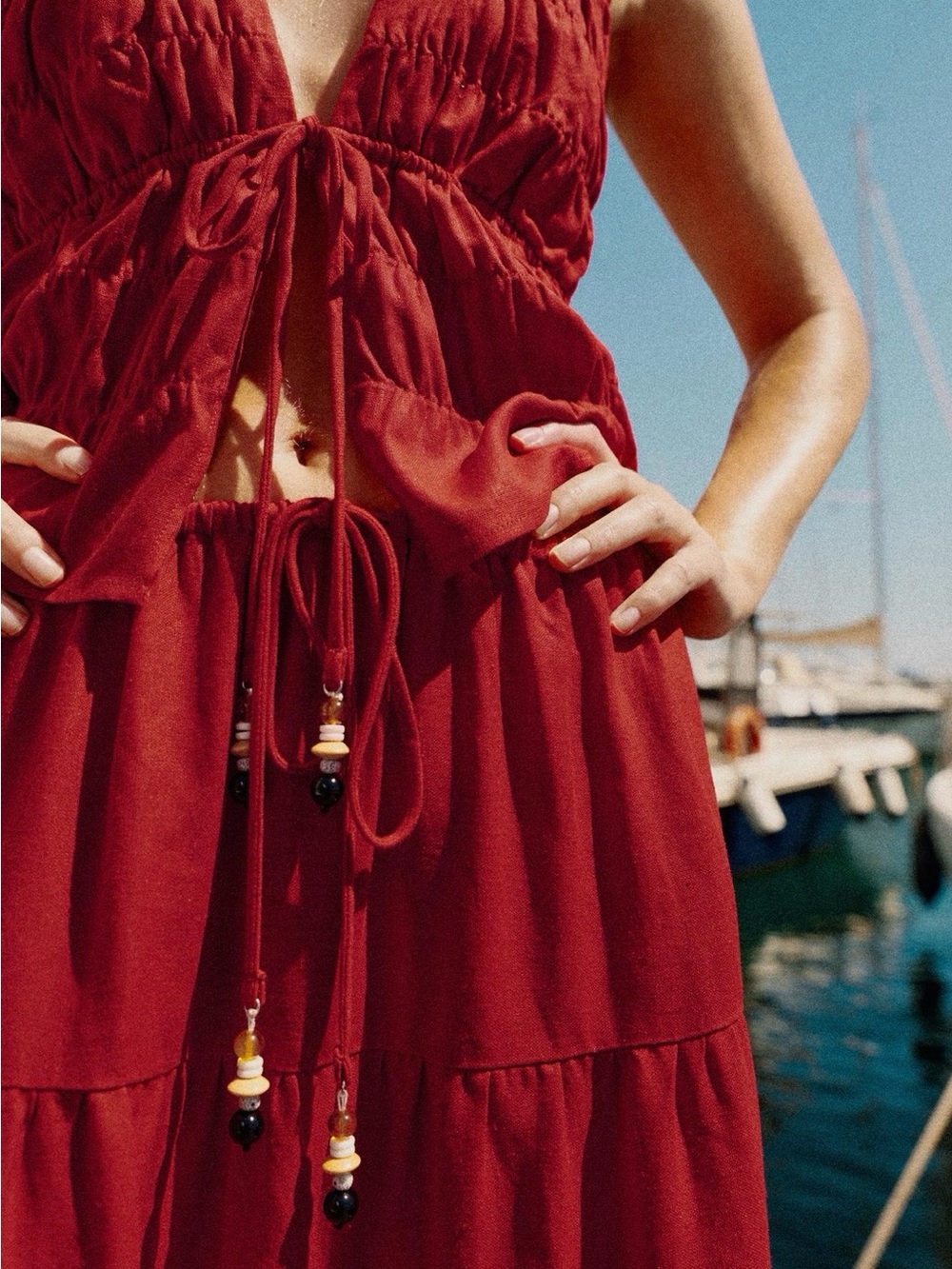 Zara Red Linen Halter Tiered Skirt Set - Picture 5 of 11